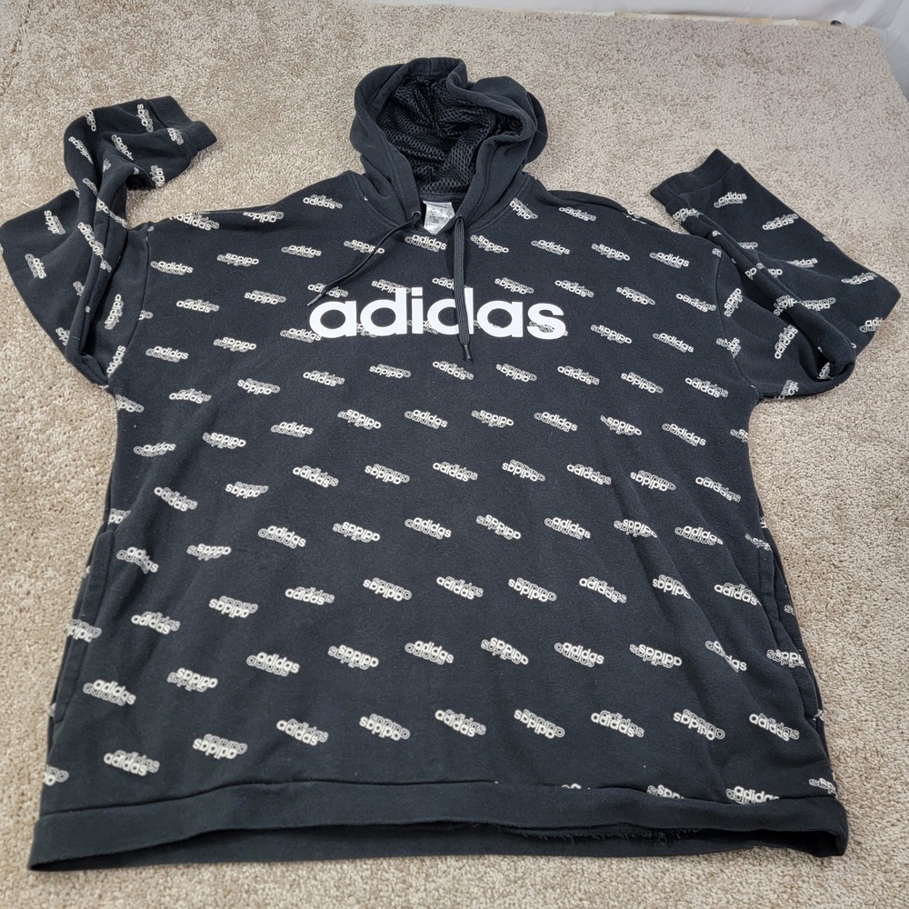 Adidas Mens 2XL Black All Over Print Logo Pullover Hoodie Sweatshirt